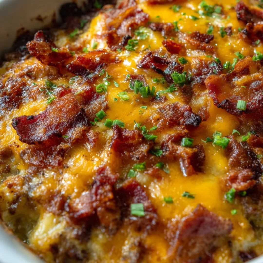 Bowl packed with cheese, bacon, and beef.