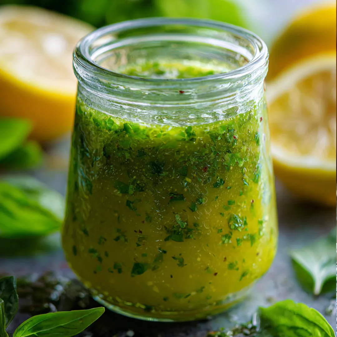 There’s a clear glass with green dressing and a lemon slice sitting on top.