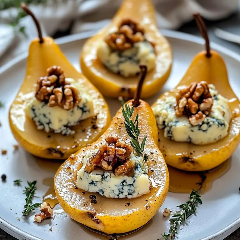 Halved pears packed with blue cheese and walnuts.