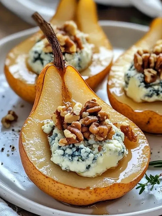 A plate holding a pear with walnuts scattered around.