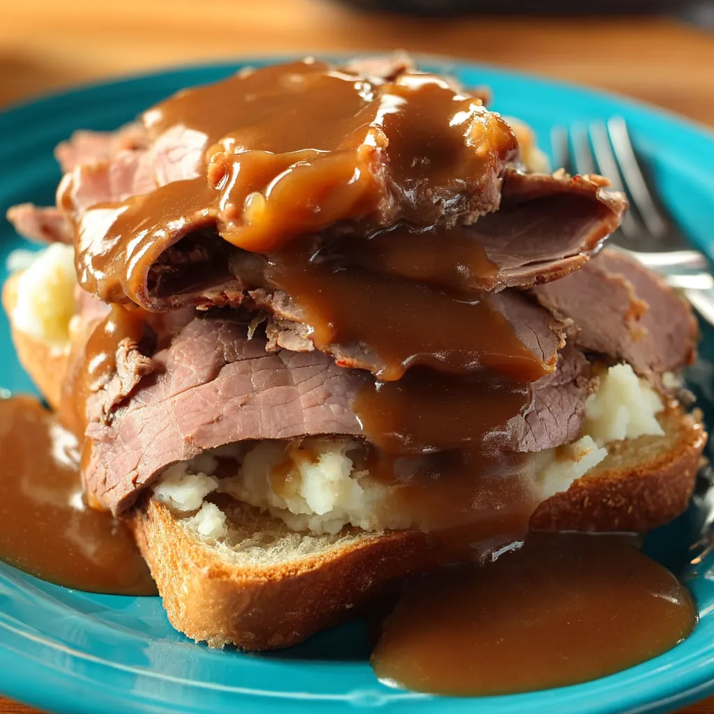 Hearty plate with meat covered by gravy.