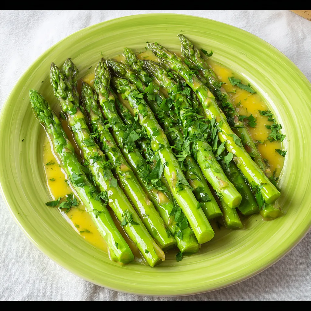 Bright green asparagus spears with citrusy sauce on a plate.