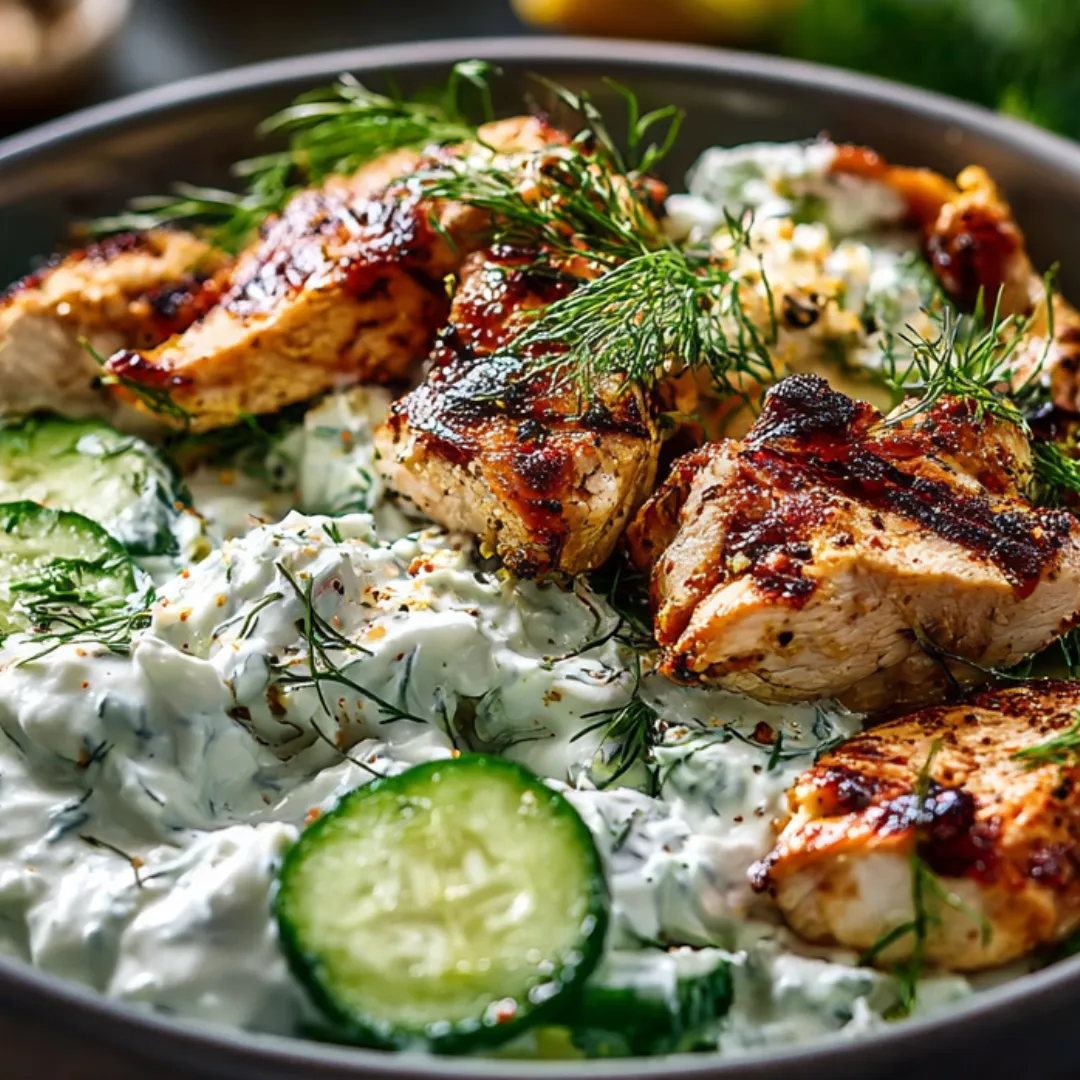 Plate filled with chicken, cucumbers, plus a creamy sauce.
