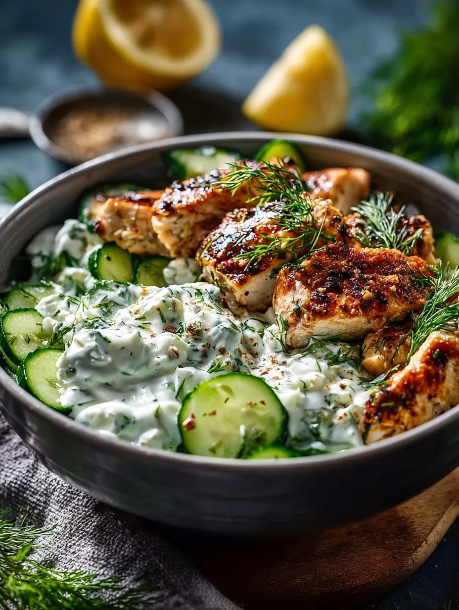 A bowl loaded with chicken, cucumber, and creamy sauce.