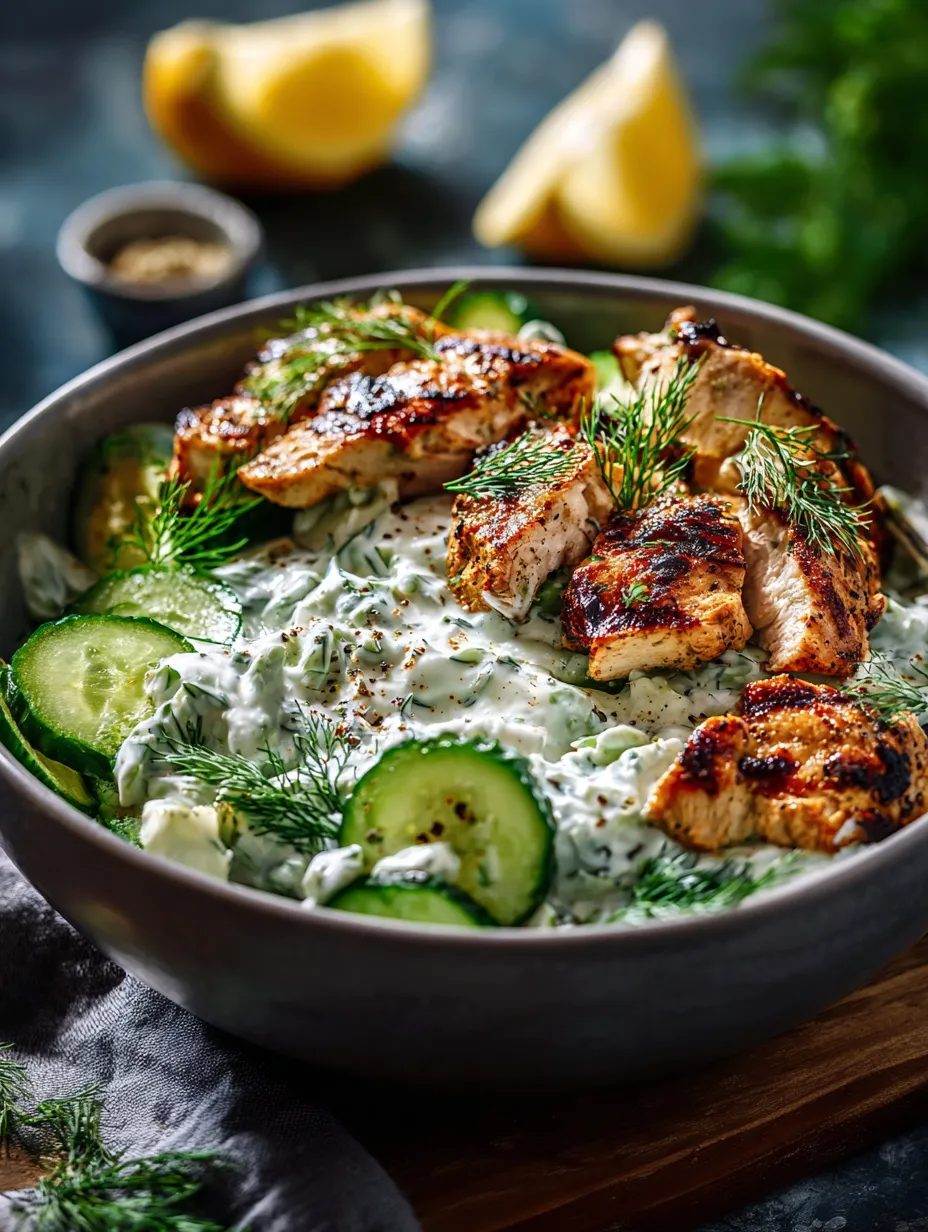 A hearty bowl of juicy chicken with cucumber, lemon, and sauce.