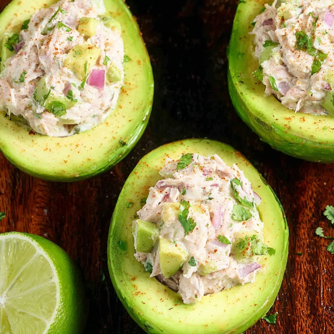 Three avocado halves packed with a creamy chicken salad.
