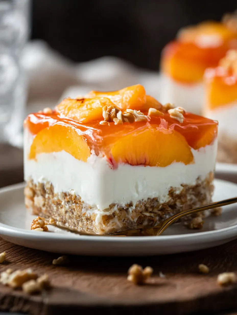A wedge of peach dessert with a fork ready for a bite on a dish.