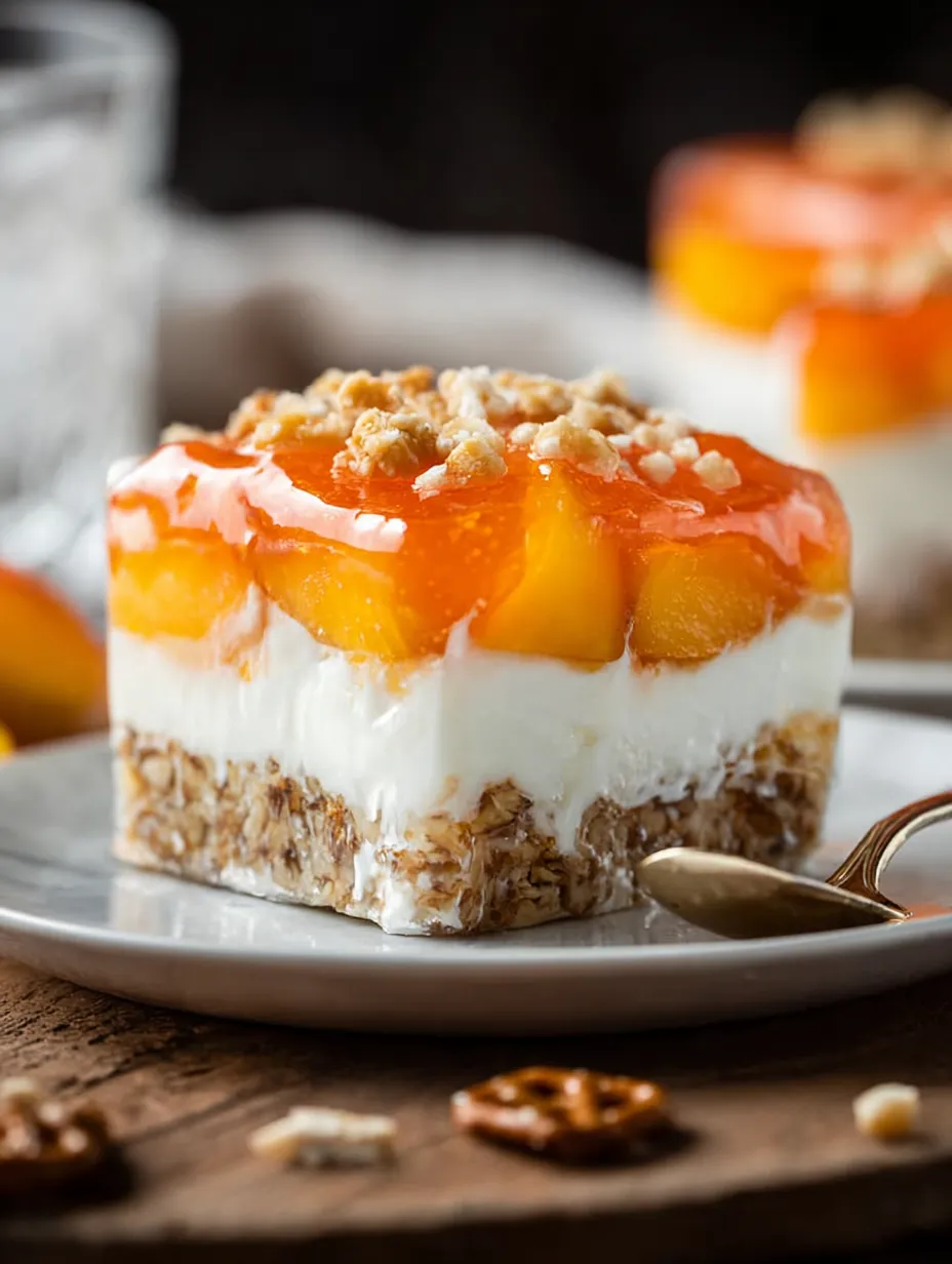 A peachy dessert square sitting with a spoon on the plate.