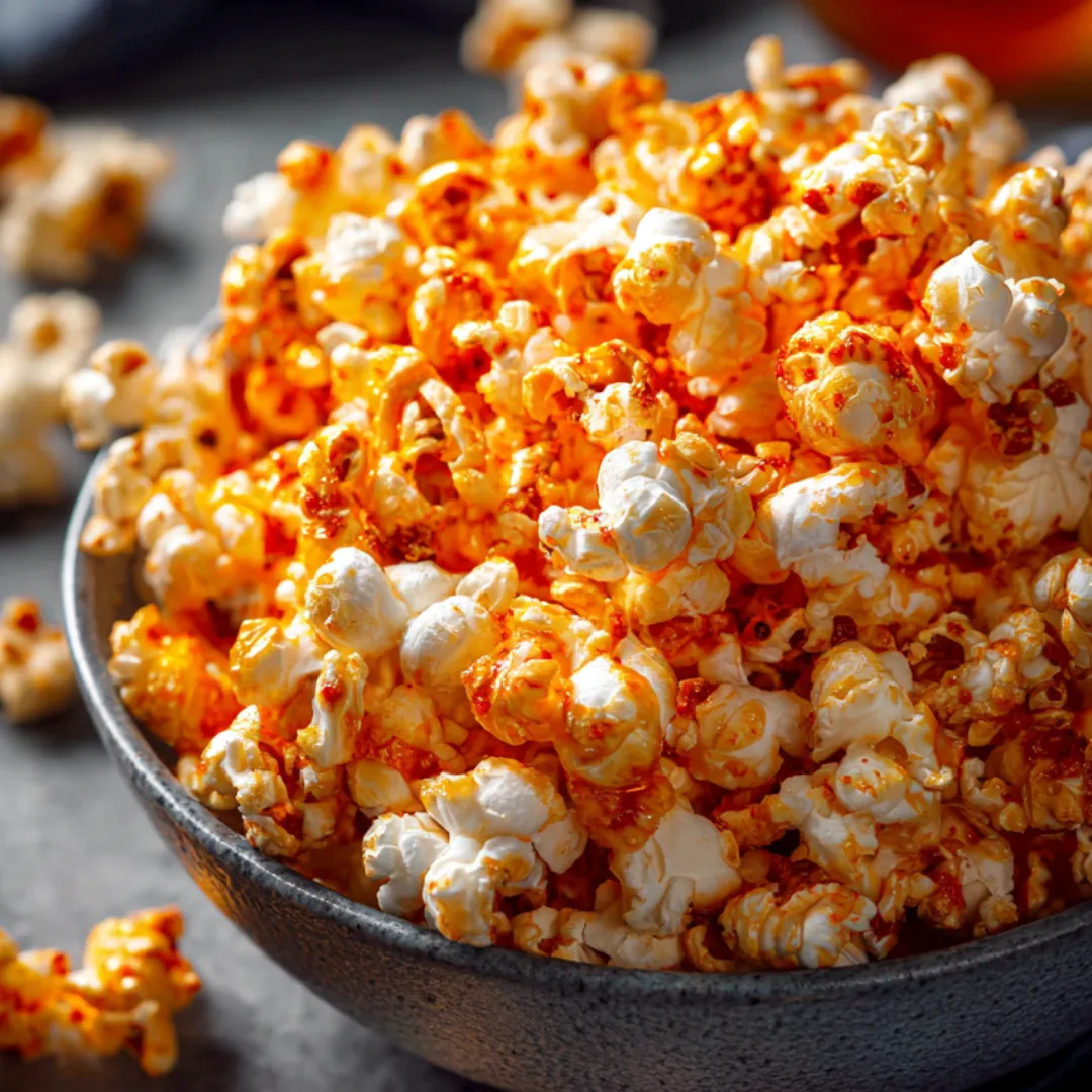 Bowl of popcorn with a spoon inside.