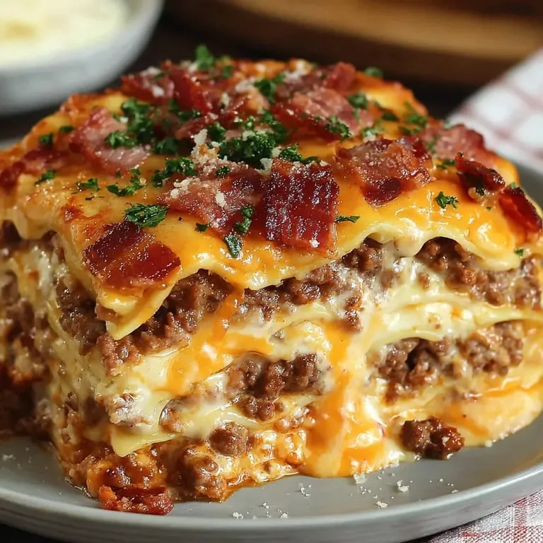 Bacon and melty cheese topped meal on a white plate.