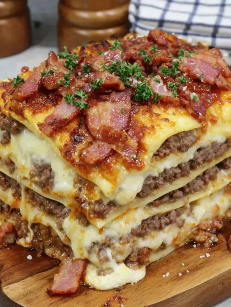 A tower of cheeseburger-style lasagna layers.