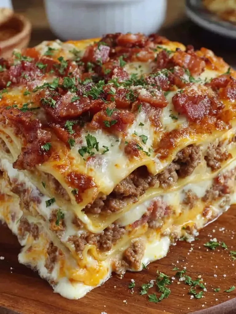 Tall layered lasagna with cheese and beef bacon.