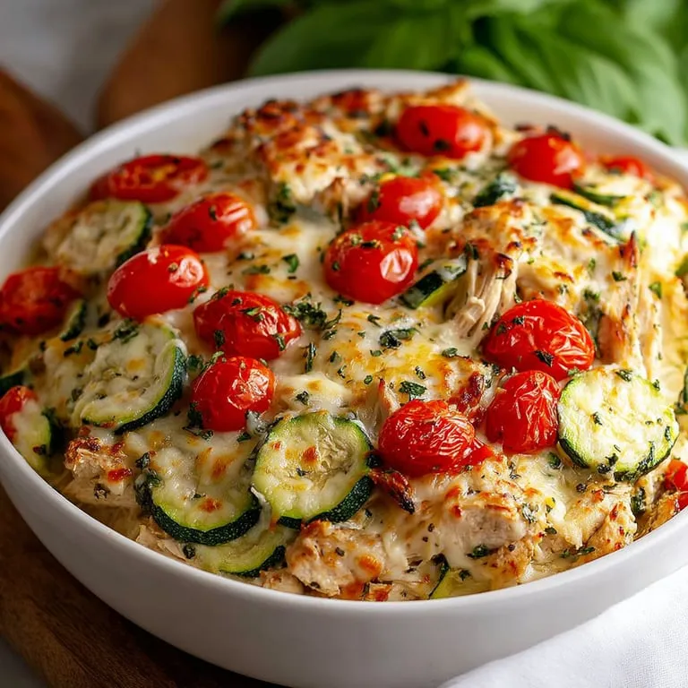 A bowl full of zucchini and tomatoes with other tasty bits.