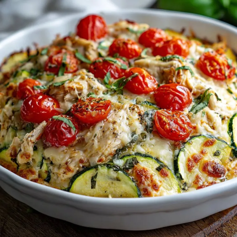 Hearty baked meal with tomatoes and zucchini on top.
