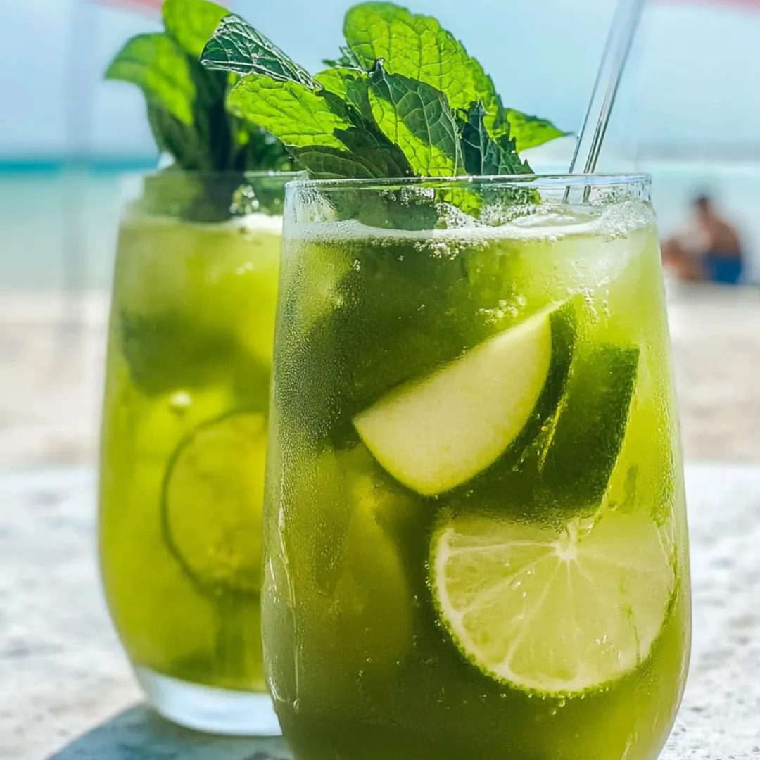 Two glasses filled with green iced drinks and lemon wheels.