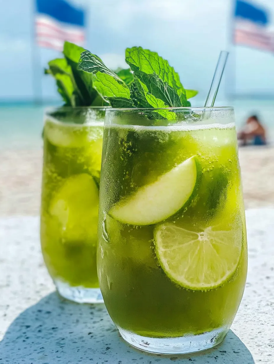 Two iced green drinks with lemon and fruit slices.