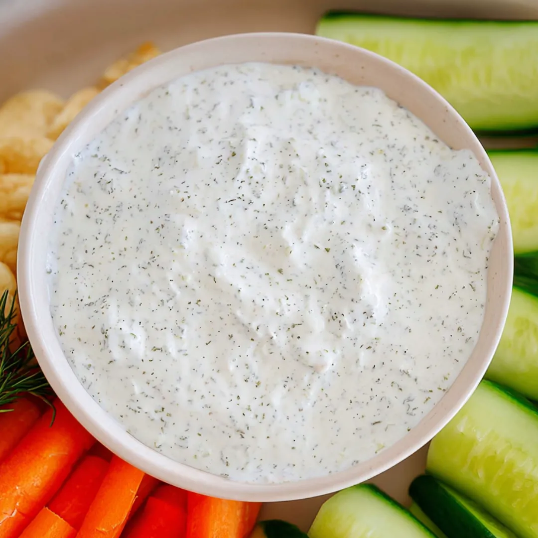A bowl filled with creamy white dip next to crisp veggies.