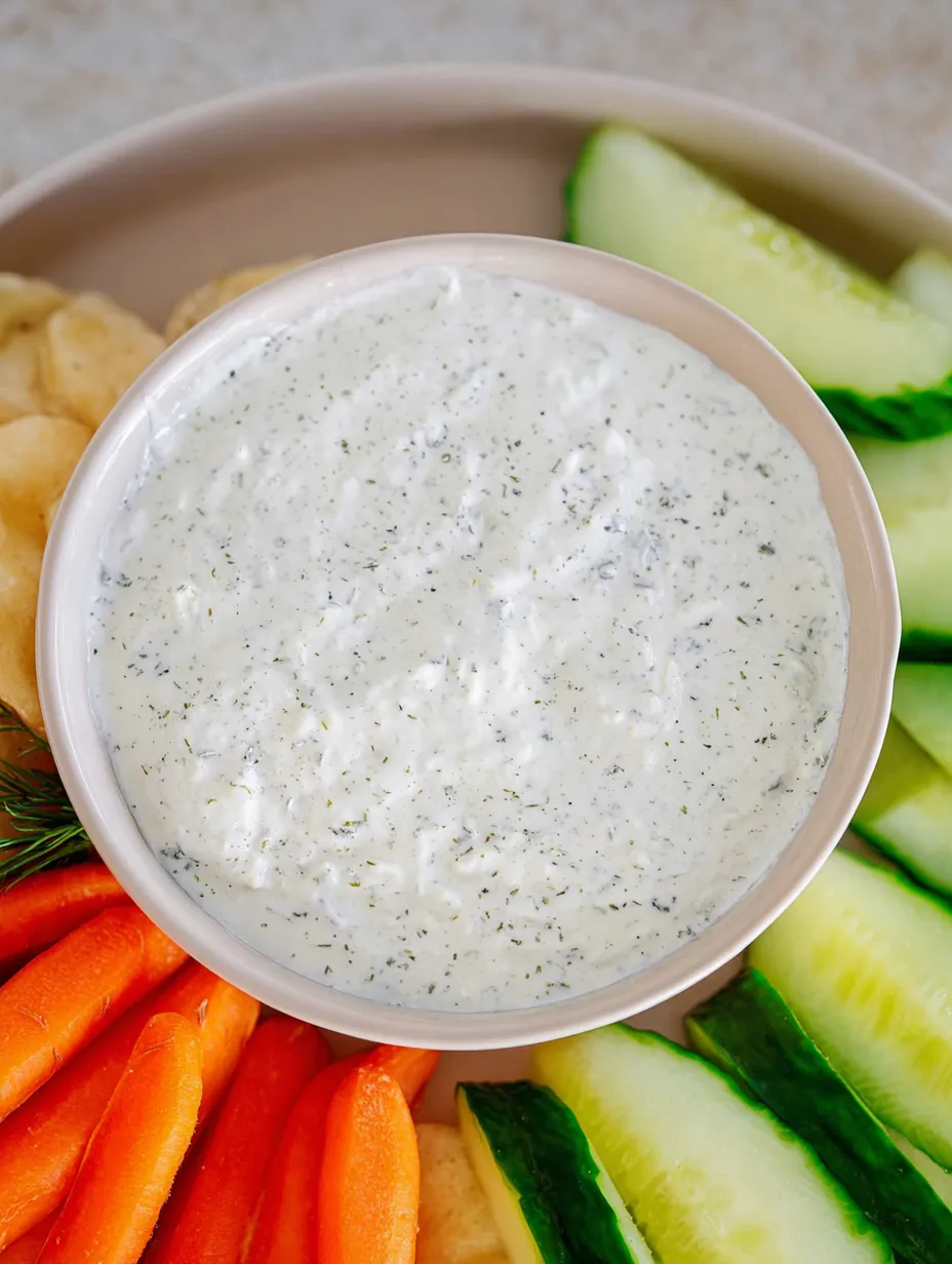 Dip in a bowl with cucumbers and carrots on the side.