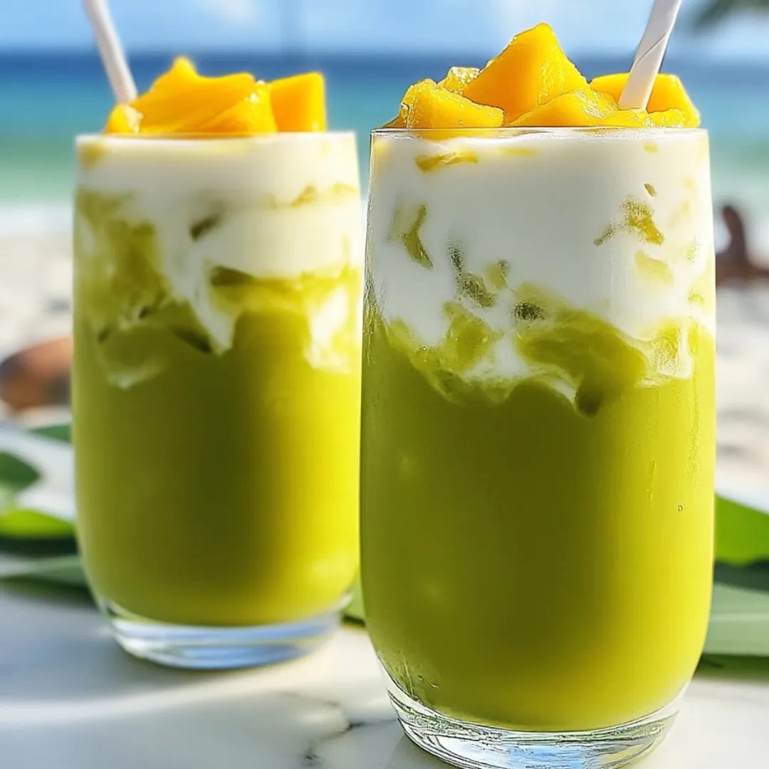 A pair of glasses filled with green fruity drink.