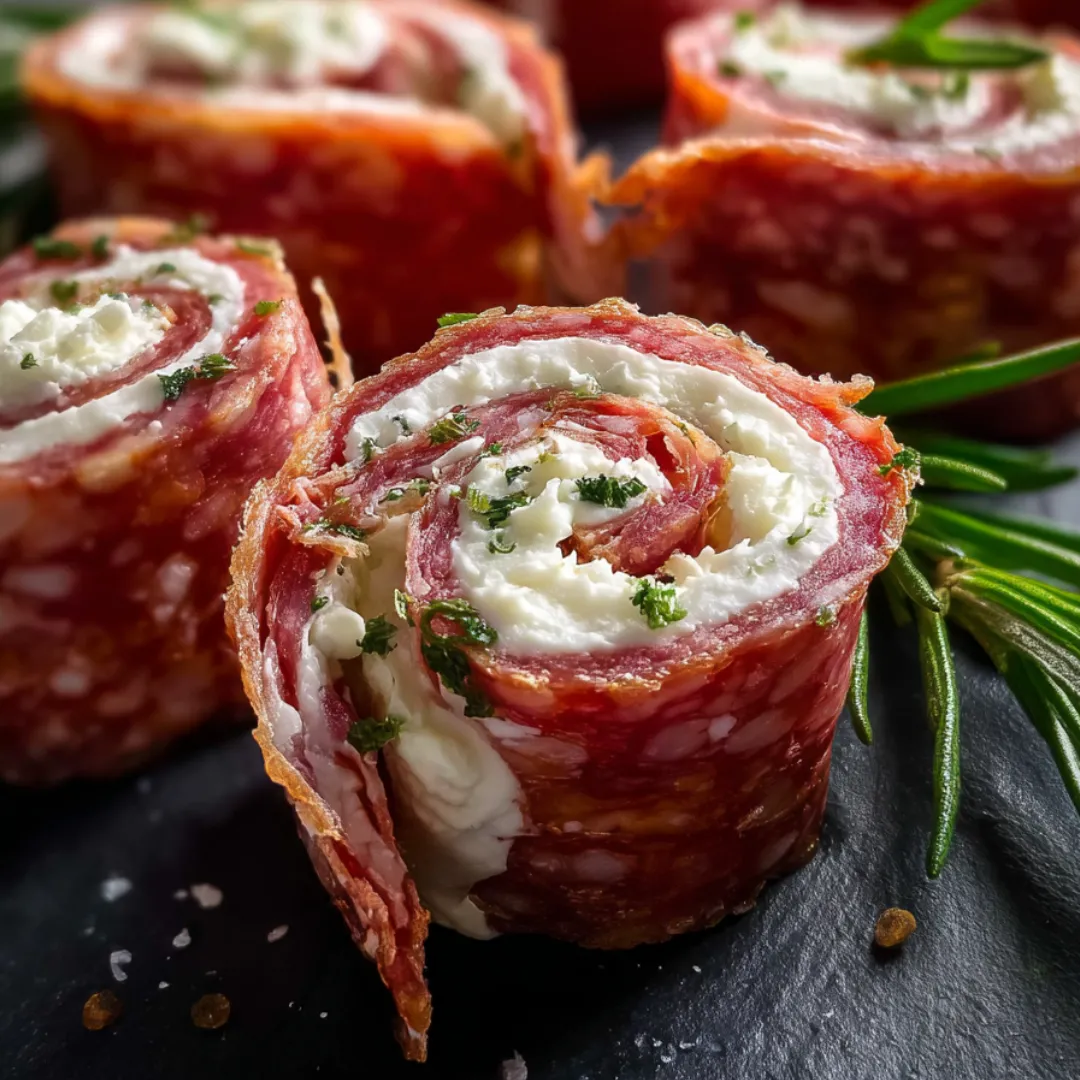 Cheese-stuffed meat roll ups on a plate.