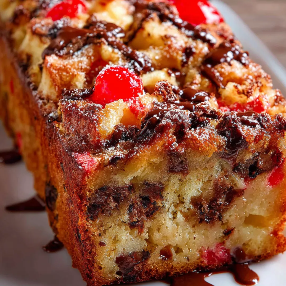 Thick slice with cherries and chocolate chips showing inside.