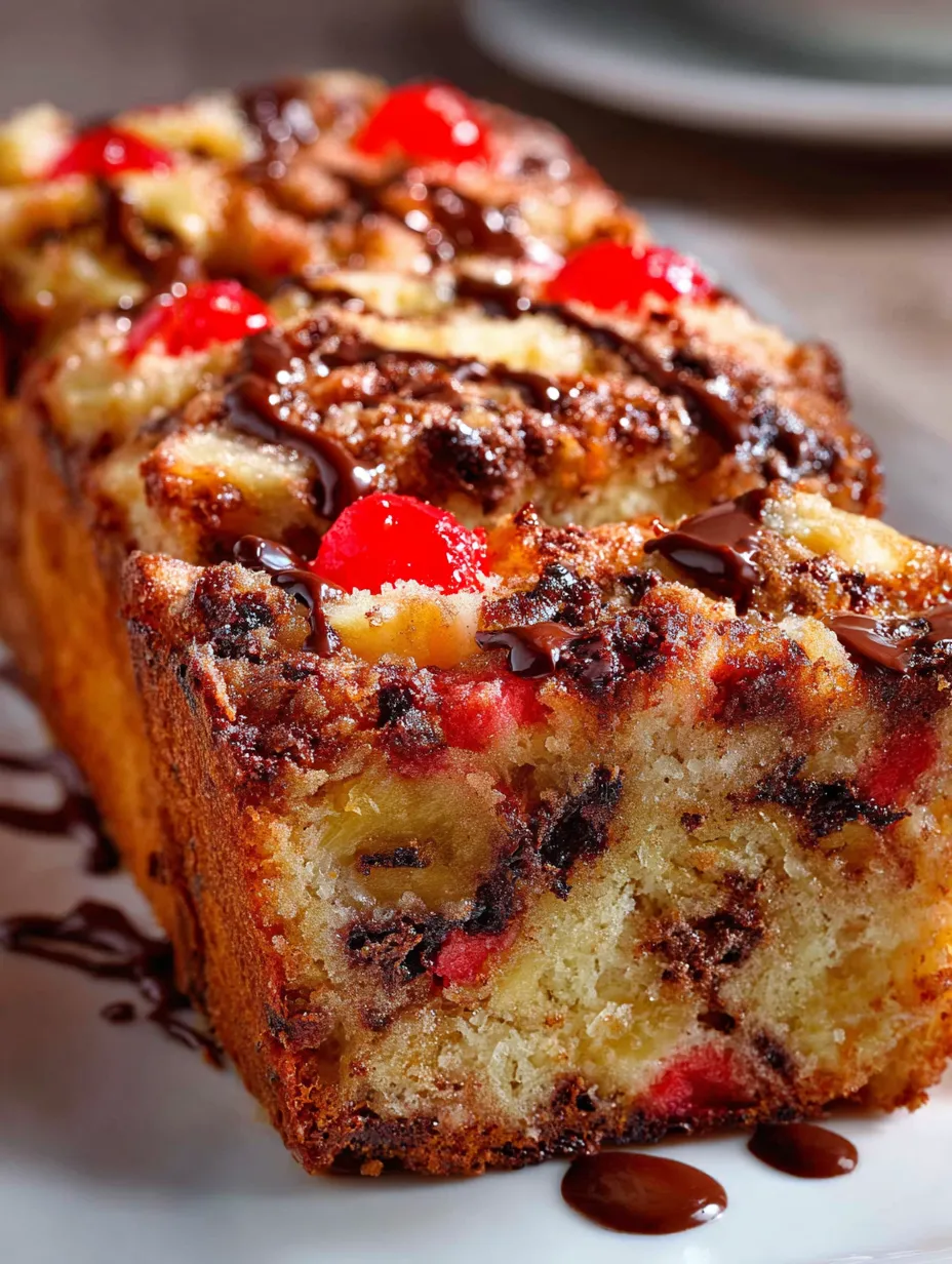 This slice is full of chocolate chips and bright cherries.