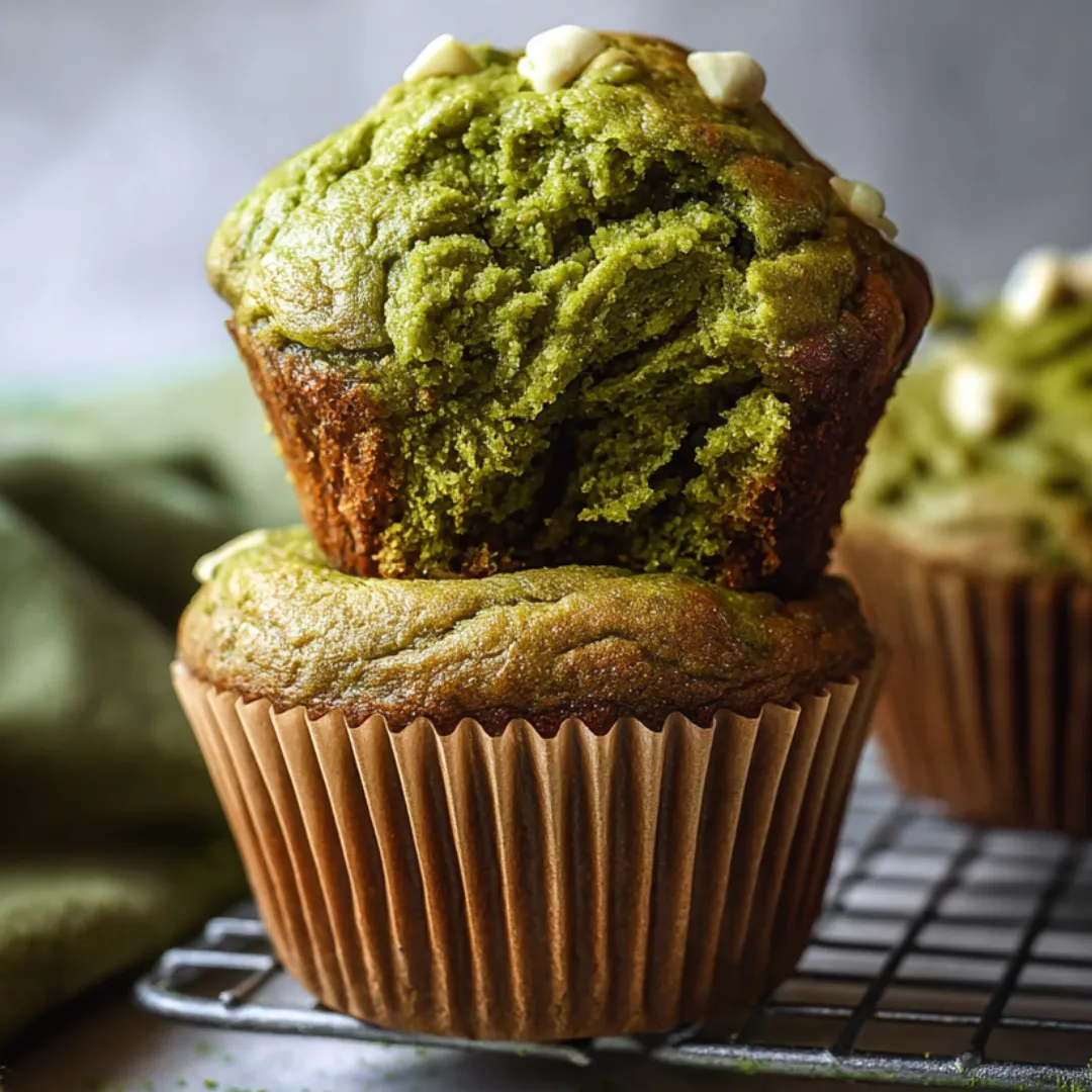 Bright green muffin topped with white bits.