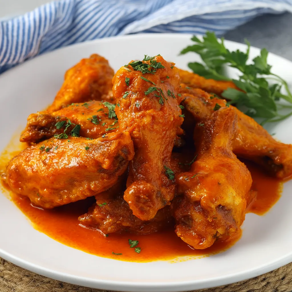 Chicken wings on a plate smothered in peri peri sauce.