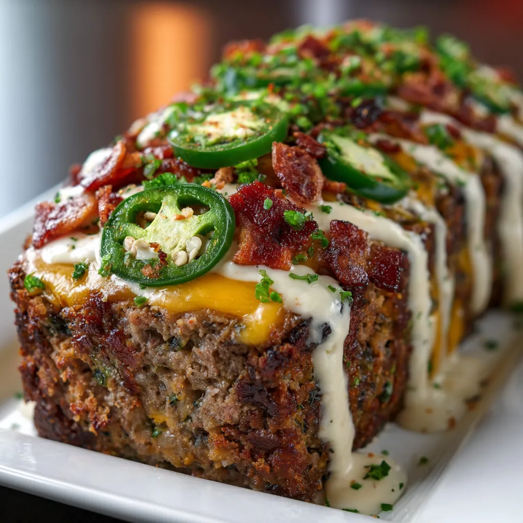 Slice of savory meatloaf topped with bacon and jalapeño on a white plate.