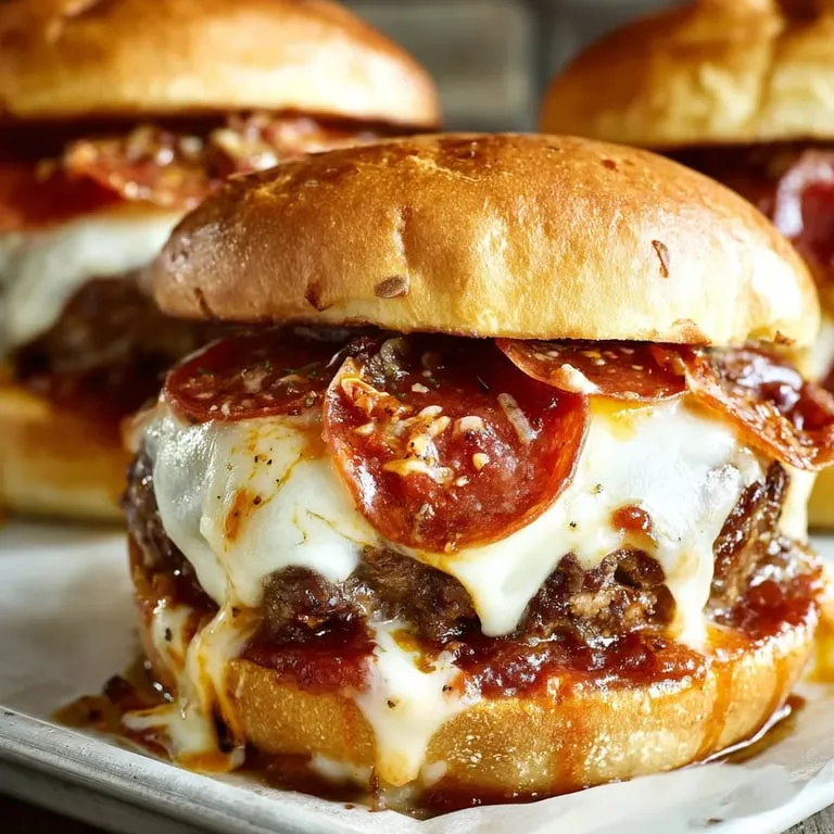 Two sandwiches stacked with cheese and pepperoni on a plate.