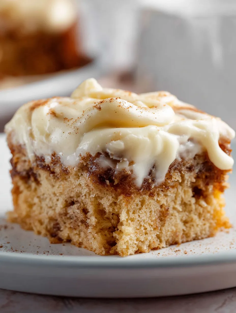 A slice of cake with white frosting and cinnamon.