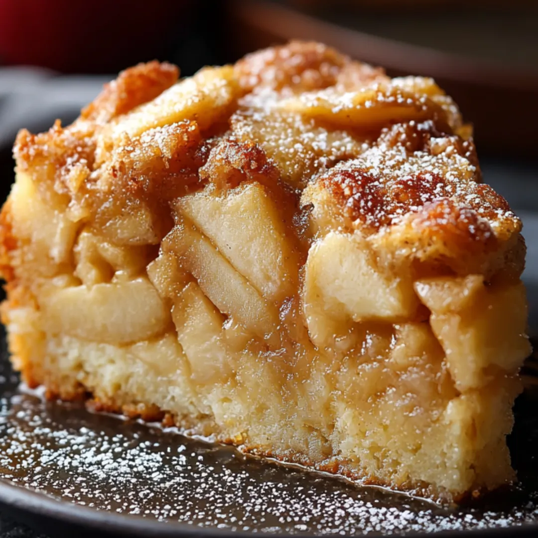 Thick slice of apple cake sitting pretty on a plate.