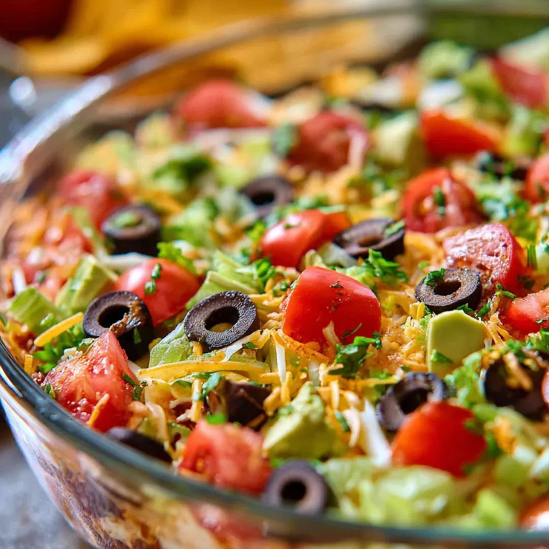 Salad bowl loaded with chopped lettuce, tomato, olives, and shredded cheese.