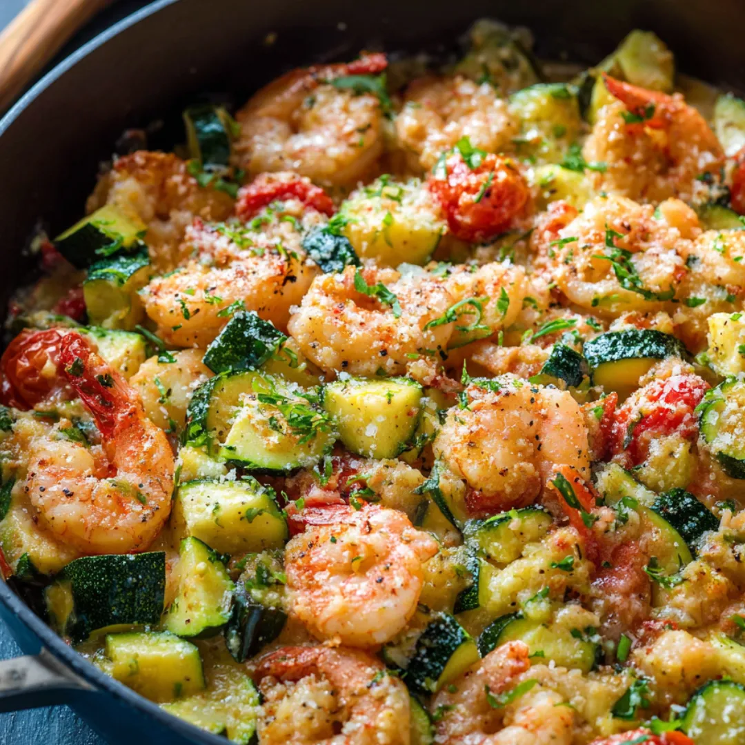 A bowl filled with shrimp and veggies.