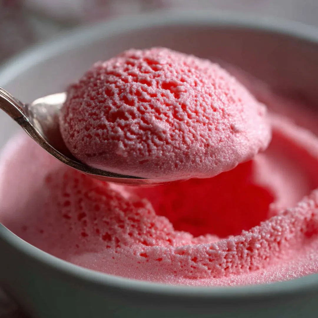 Spoonful of fluffy pink treat.