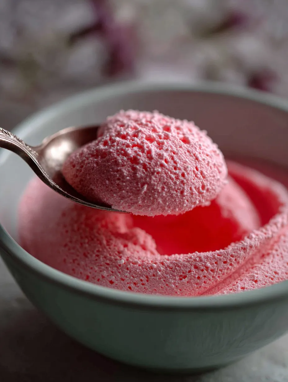 A spoon sits in a bowl full of pink, fluffy dessert.