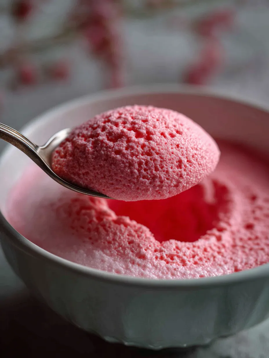 A spoon sits in a bowl full of pink, fluffy dessert.