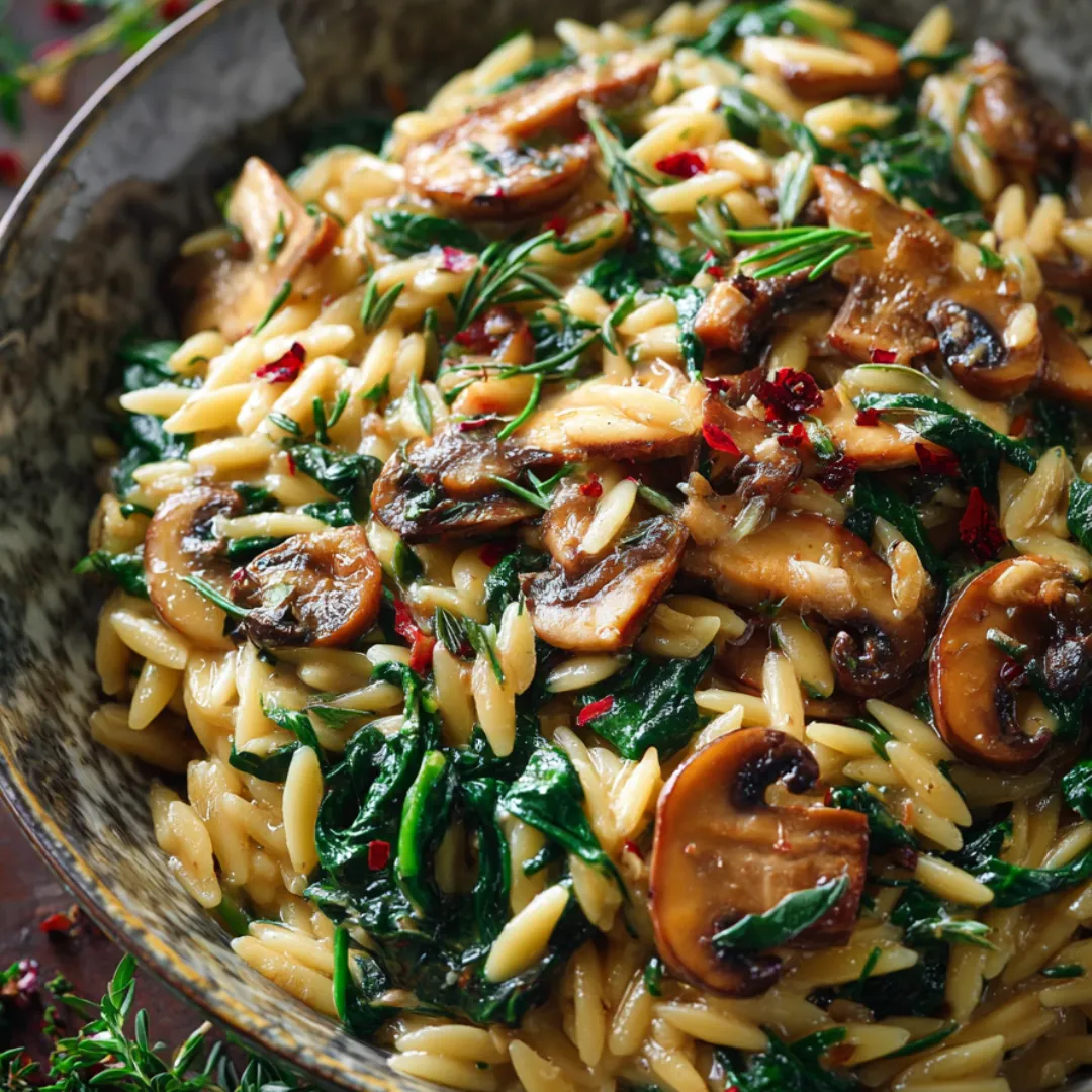 A bowl filled with spinach and mushroom pasta.