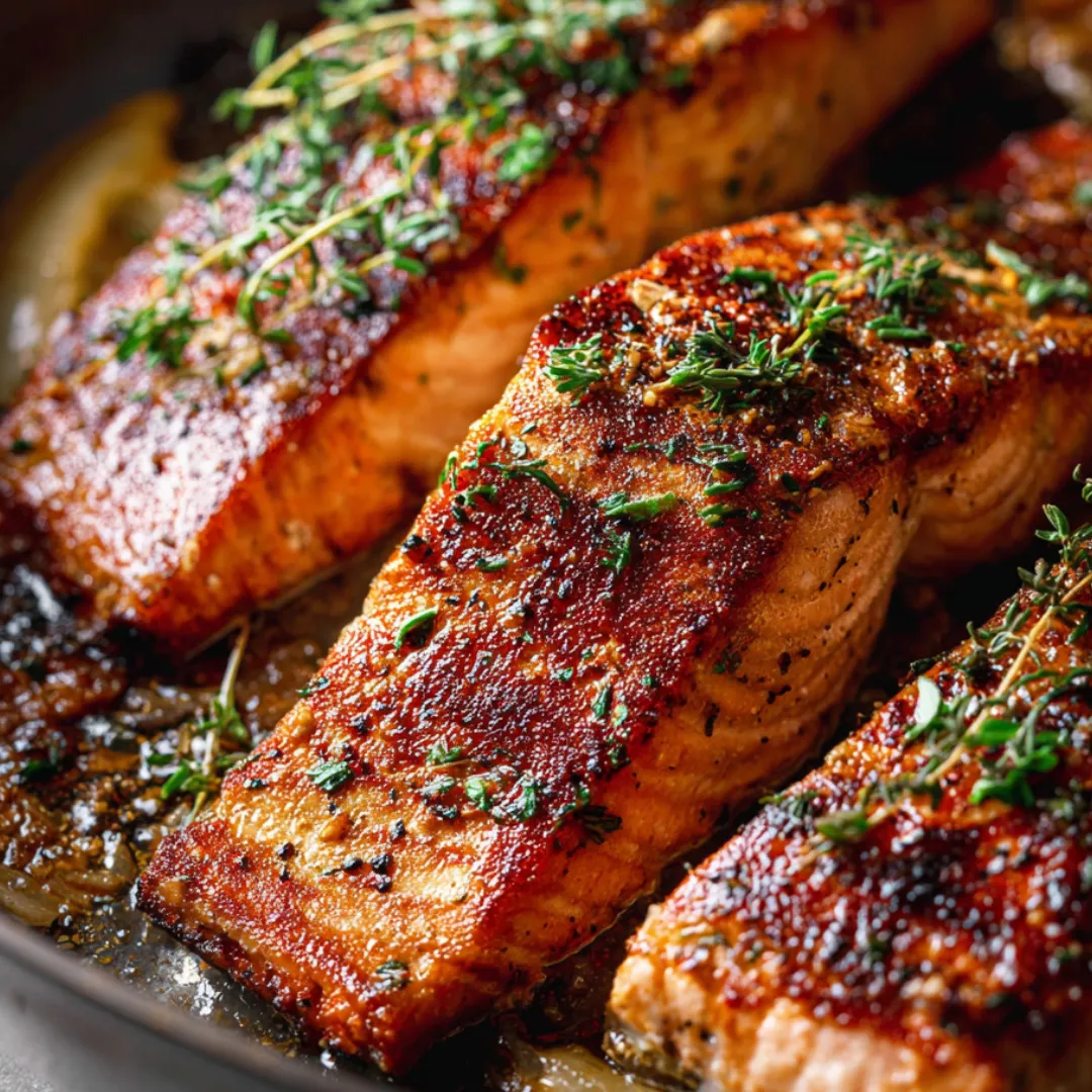 Salmon cooked in a skillet, topped with fresh herbs.