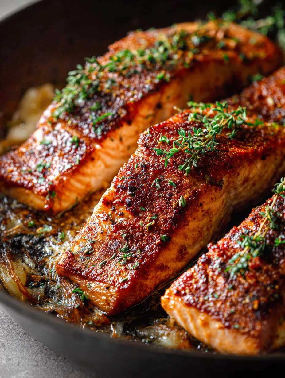 A pan loaded with golden salmon fillets.