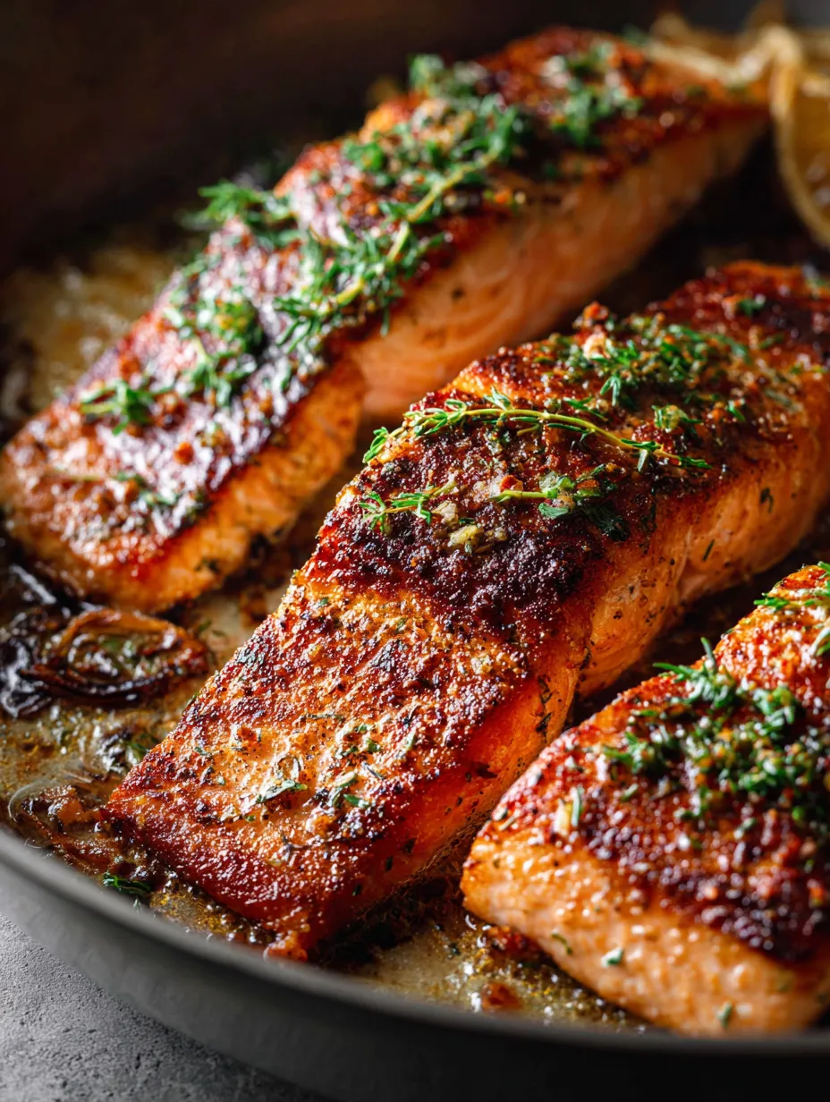 Cooked salmon fillets topped with vibrant herbs in a pan.