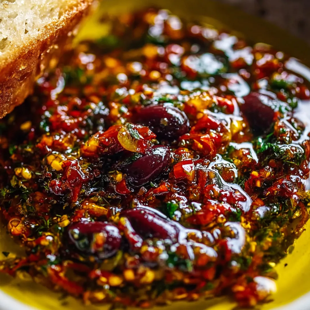 Chunky olive oil dip in a bowl, with bread nearby.