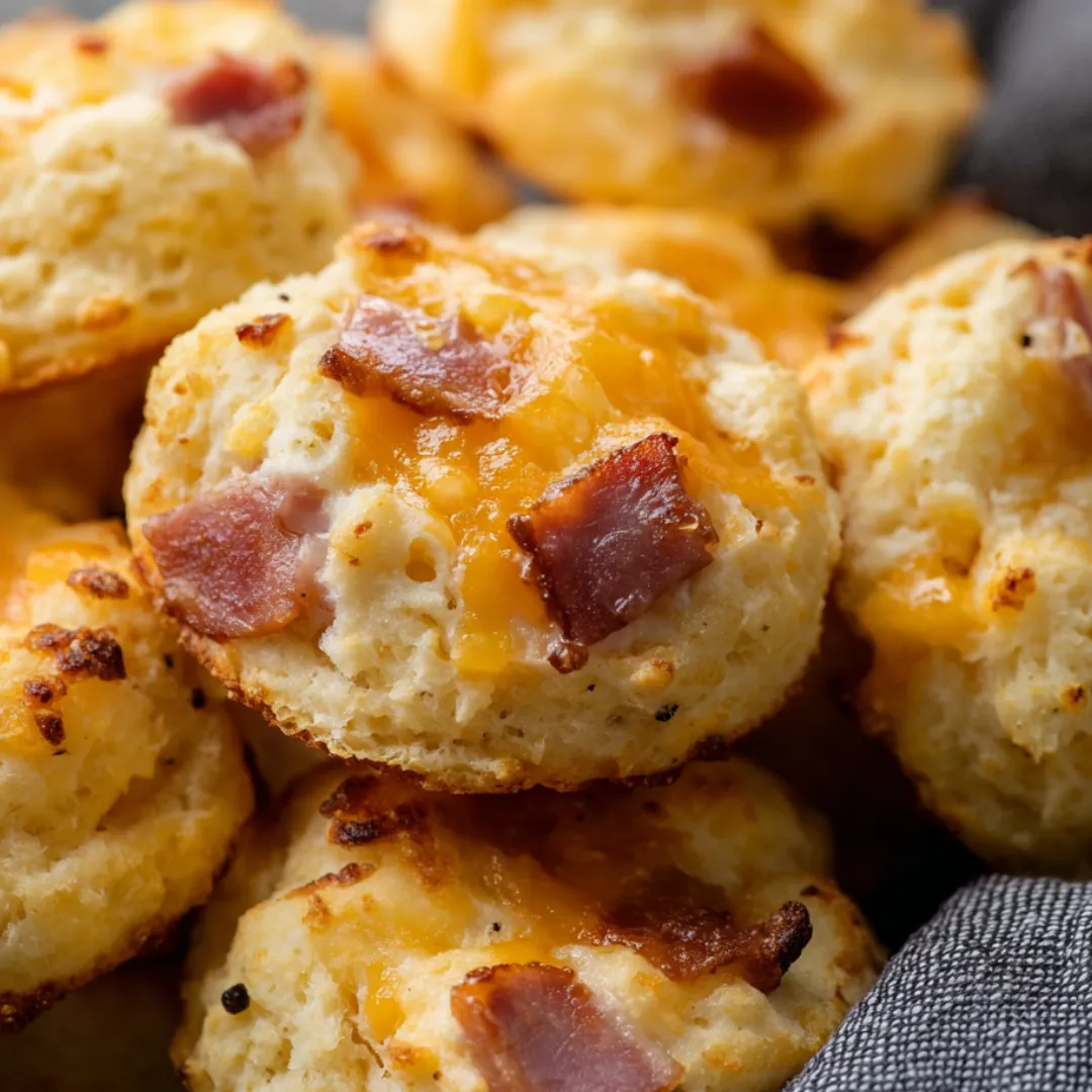 Ham and cheese biscuits on a plate.