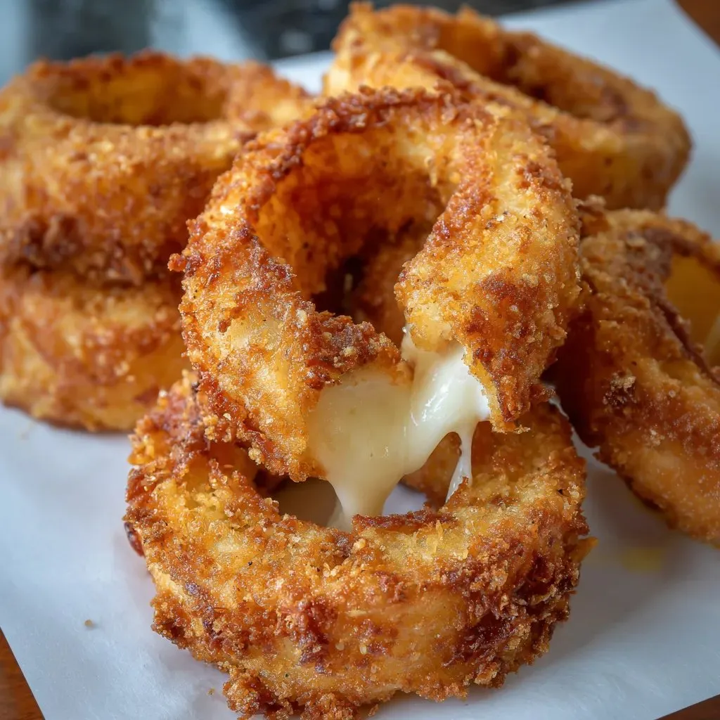 Crunchy onion rings topped with bubbling cheese piled on a plate.