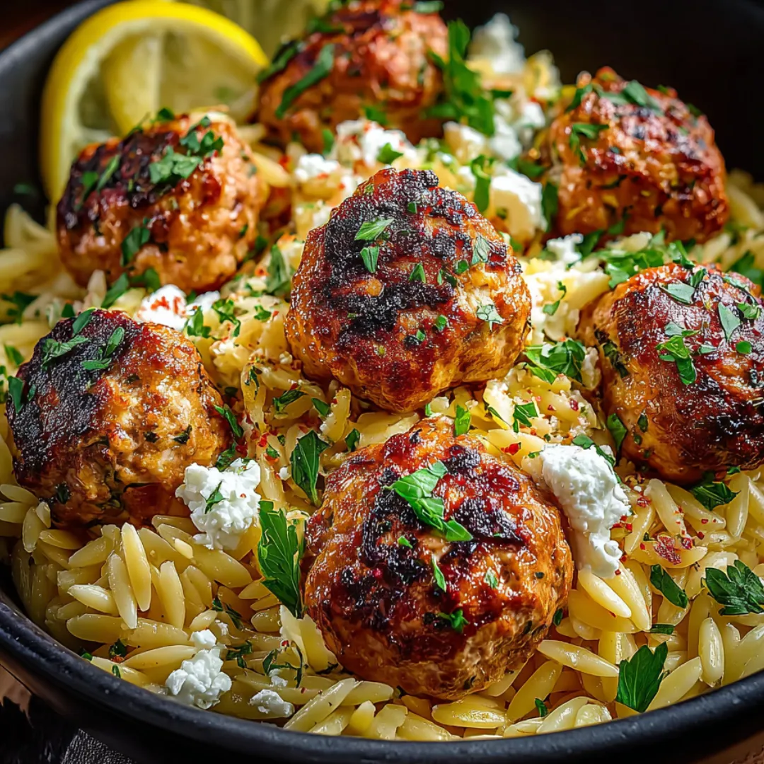 A bowl of food loaded up with rice and meatballs.