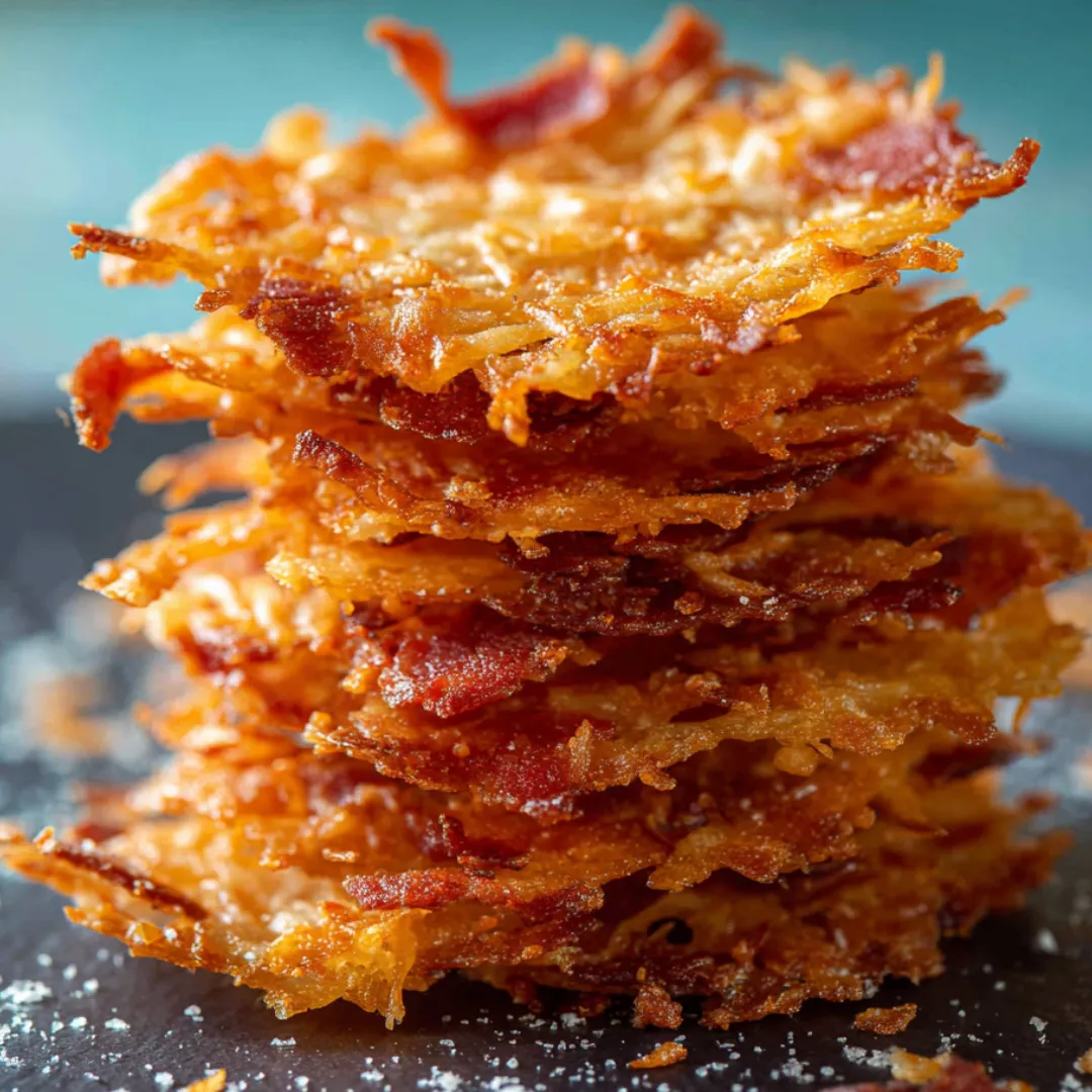 Bacon bits scattered on a black surface.