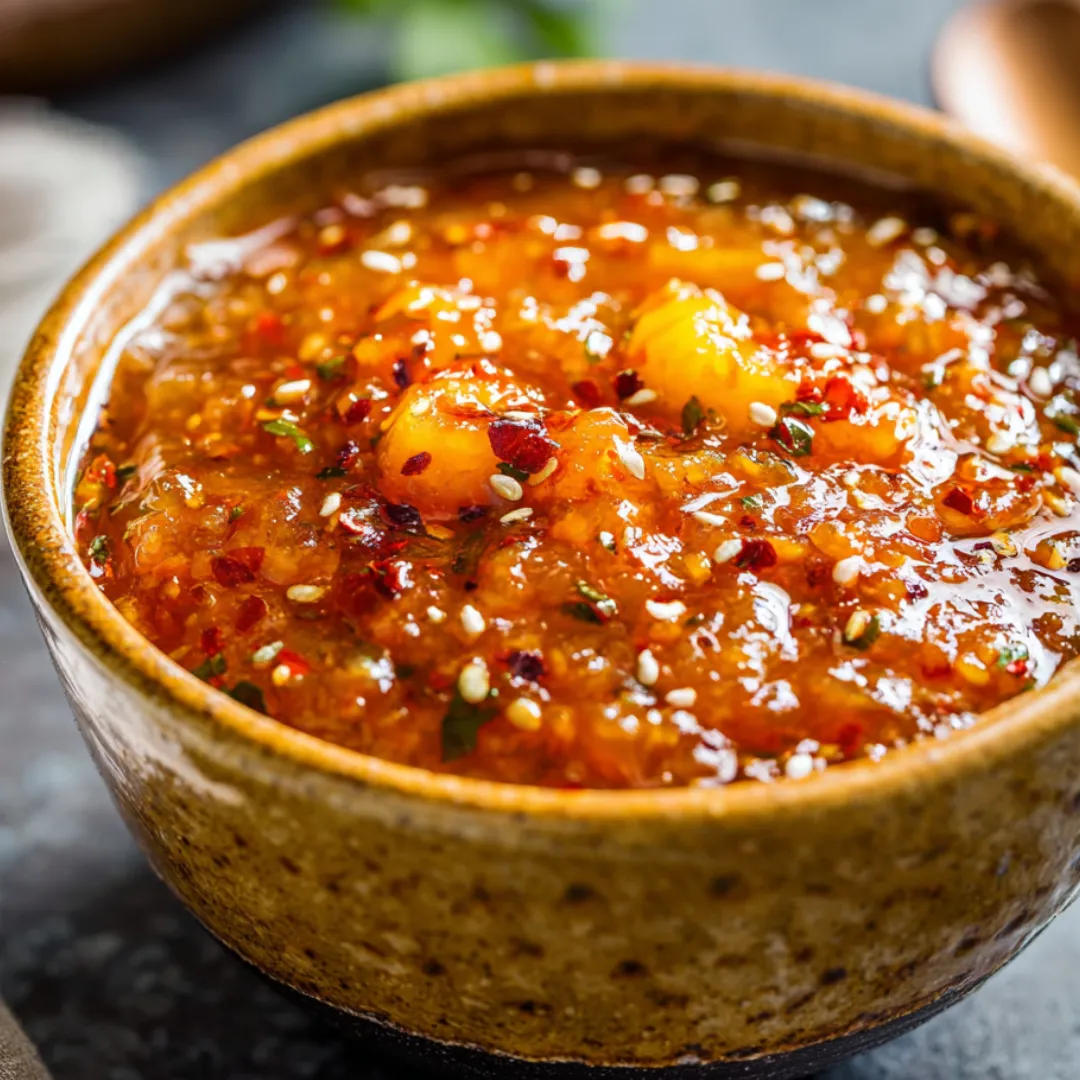 Sauce in a bowl with vibrant red chilies.