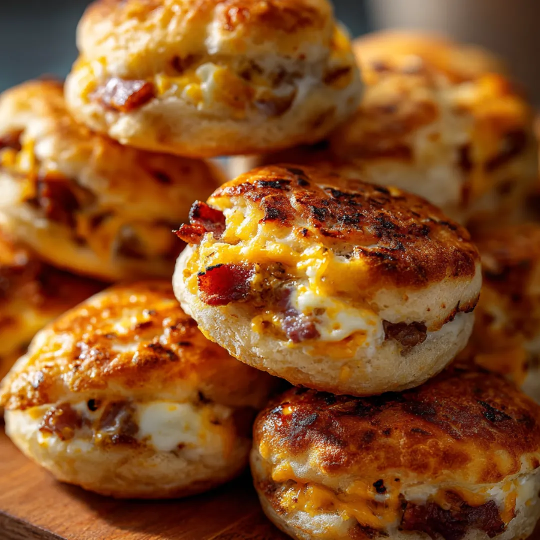 Stacked biscuits with bacon and melty cheese in the middle.