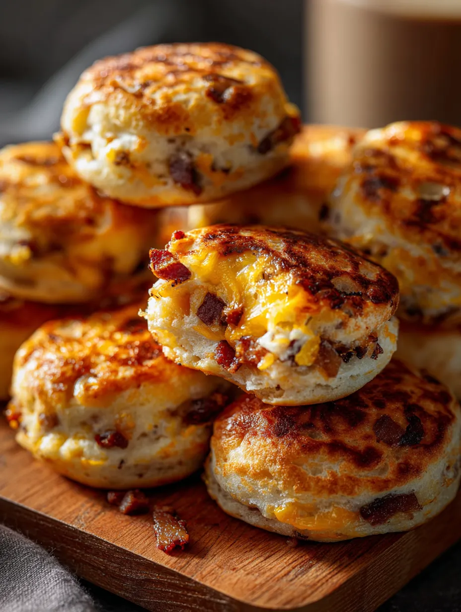 A stack of bacon and cheese biscuits.