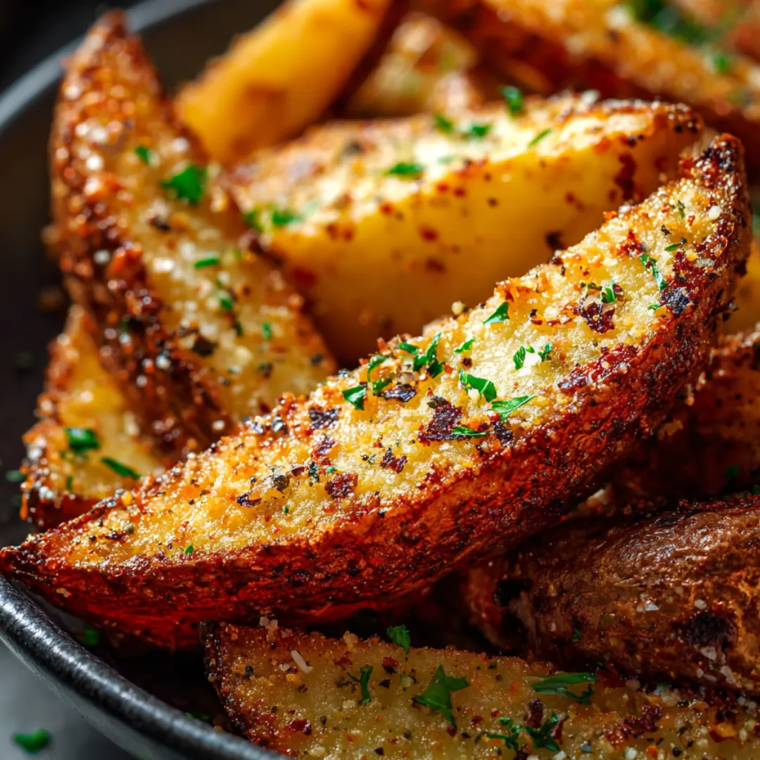 A bowl packed with crispy potato wedges and fresh green parsley.